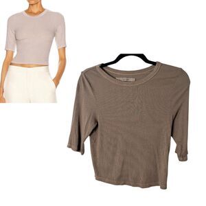 Enza Costa Silk Rib Cropped Half Sleeve Crew Shirt Ribbed Olive Green Medium